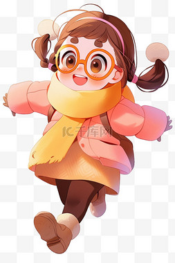 棕色的眼镜图片_手绘元素冬天可爱孩子奔跑卡通