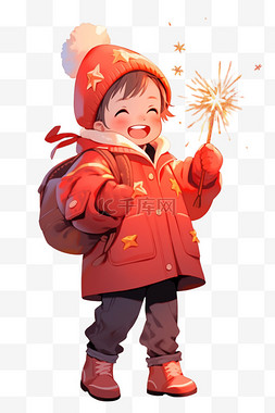 红色背景烟花图片_卡通新年冬天孩子拿烟花手绘元素