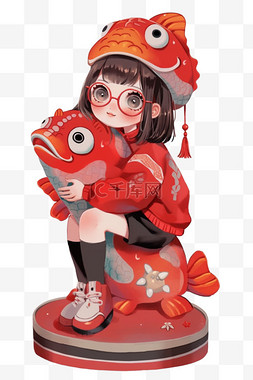 红色可爱眼镜图片_新年可爱女孩锦鲤手绘元素卡通