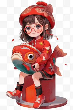 红色可爱眼镜图片_新年卡通手绘可爱女孩锦鲤元素