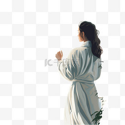 浴袍详情图片_一个穿浴袍的女人站在窗前