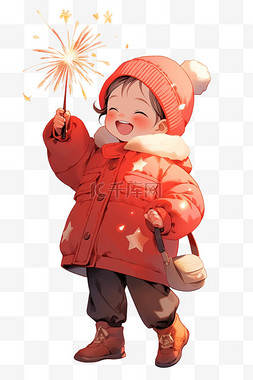 烟花新年背景图片_拿烟花新年冬天孩子卡通手绘元素