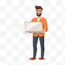 男人站在笔记本电脑旁，手里拿着