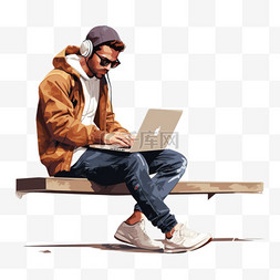 男人坐在长凳上，带着笔记本电脑