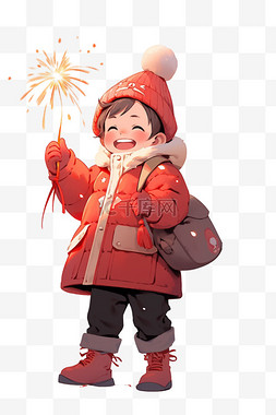 新年冬天孩子拿烟花手绘元素卡通