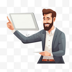 男人用手指指着手中的平板电脑