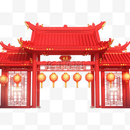 建筑纯色背景图片_新年红色建筑免抠大门元素