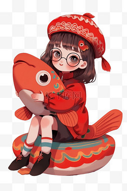 红鲤鱼线稿图片_新年可爱女孩锦鲤手绘元素卡通