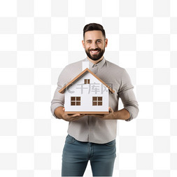 男人手臂上拿着一座房子的模型