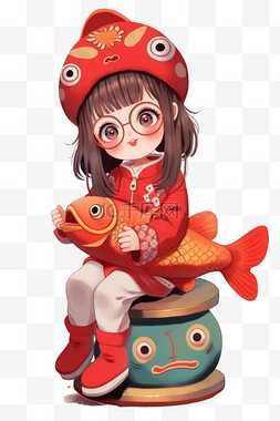 红鲤鱼线稿图片_新年可爱女孩手绘元素锦鲤卡通