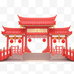 广州建筑线稿图片_红色大门建筑新年免抠元素