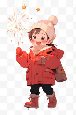 冬天孩子拿烟花卡通新年手绘元素