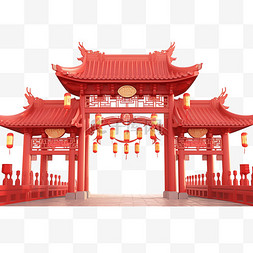 渲染建筑图片_新年红色大门免抠元素建筑