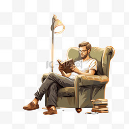 男人在扶手椅上看书，带落地灯和