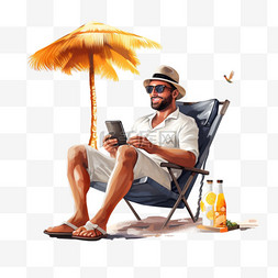 男人拿着鸡尾酒和智能手机在沙滩