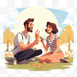 傍晚时分图片_男人和女人在野餐时分享冰淇淋