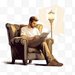 男人在扶手椅上看书，带落地灯和