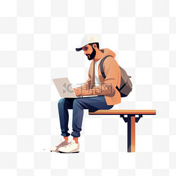 男人坐在长凳上，带着笔记本电脑