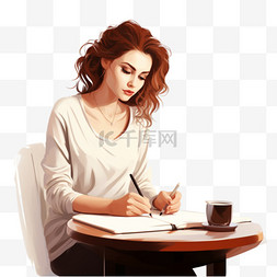 坐在桌子旁写笔记本的女人