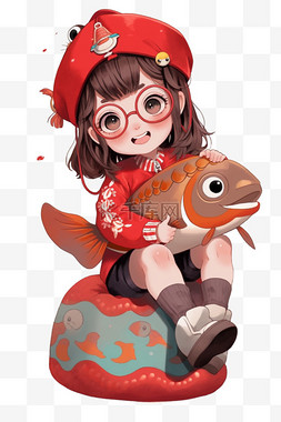 锦鲤红色图片_新年可爱女孩卡通手绘锦鲤元素