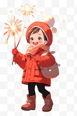 红色背景烟花图片_新年手绘冬天孩子拿烟花卡通元素