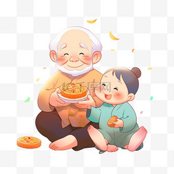 爷爷奶奶坐着图片_元素爷爷孙子团聚吃糕点卡通手绘