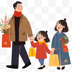 梅花背景素材图片_新年卡通三口人购物庆祝手绘元素