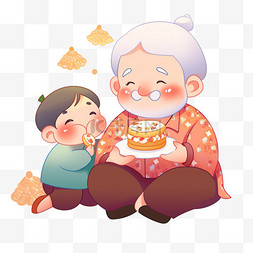 迎新年背景图片_手绘爷爷孙子团聚吃糕点卡通元素