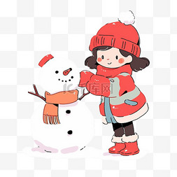 手绘元素冬天可爱女孩堆雪人卡通