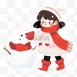 可爱女孩堆雪人卡通冬天手绘元素