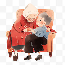 纯色温暖背景图片_手绘元素新年冬天奶奶孩子卡通