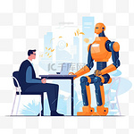 在工作场所，人类和机器人与计算机坐在一起。未来平面插图的人工智能劳动力