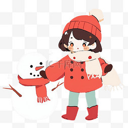 冬天手绘可爱女孩堆雪人卡通元素