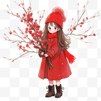 新年可爱女孩拿着梅花卡通元素手绘
