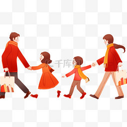 妈妈抱孩图片_新年卡通手绘一家人购物拜年元素