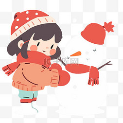 可爱女孩冬天堆雪人卡通手绘元素