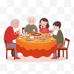 餐桌上吃饭图片_手绘元素新年阖家团圆卡通