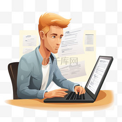 金发男子坐在电脑后面，看着工作