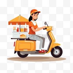 骑摩托车的女人在快餐车上买食物