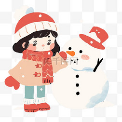 冬天可爱女孩堆雪人手绘卡通元素