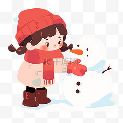 堆雪球卡通图片_手绘冬天可爱女孩堆雪人卡通元素