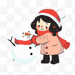 可爱女孩堆雪人卡通手绘元素冬天