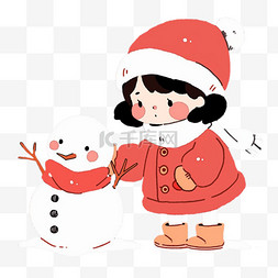 冬天手绘元素可爱女孩堆雪人卡通