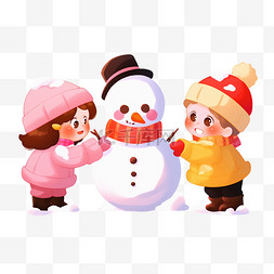 棉大衣女孩图片_手绘元素冬天可爱孩子堆雪人卡通