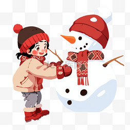 冬天可爱女孩堆雪人手绘元素卡通