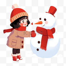 冬天卡通可爱女孩堆雪人手绘元素