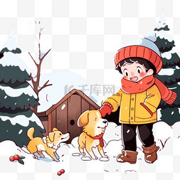 手绘冬天可爱孩子堆雪人玩耍卡通