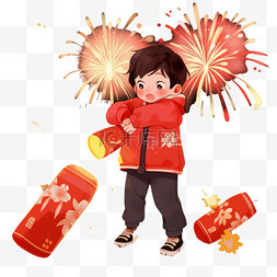 红色的烟花图片_卡通新年孩子燃放烟花手绘元素