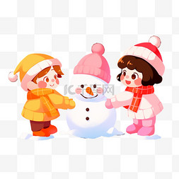 粉色围巾图片_可爱孩子堆雪人卡通冬天手绘元素