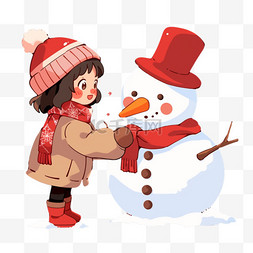 红色围脖手绘图片_冬天可爱女孩堆雪人卡通手绘元素